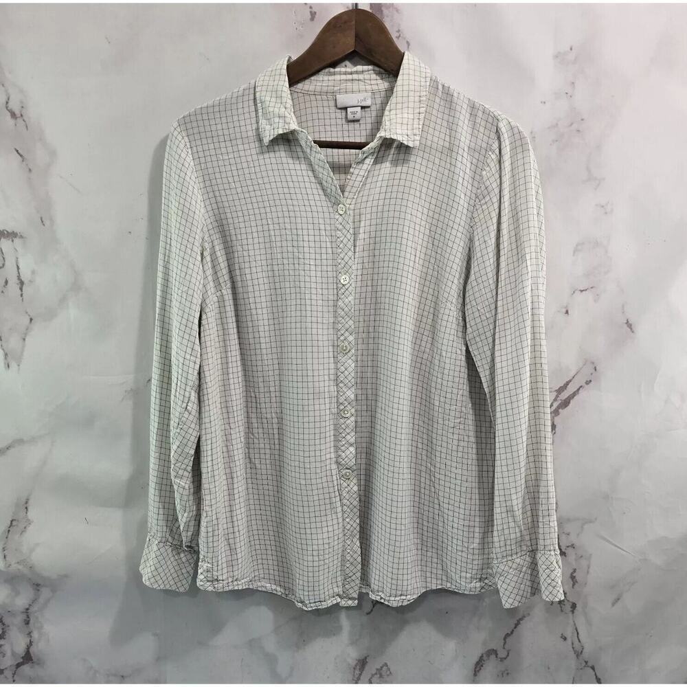 J Jill Shirt Women Medium White Black Button Up Blouse Windowpane Long Sleeve